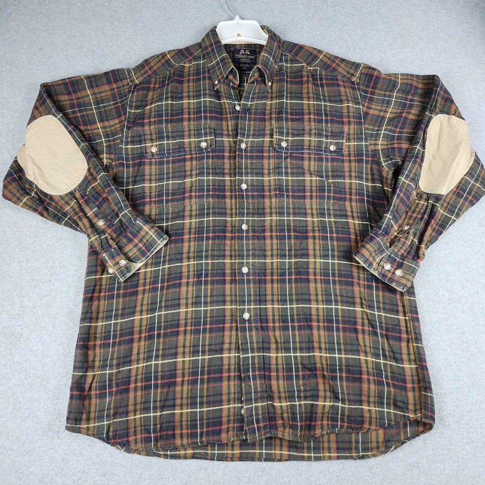 VTG Willis & Geiger Shirt Men L Tall Multicolor Plaid Flannel Elbow Patch Sleeve